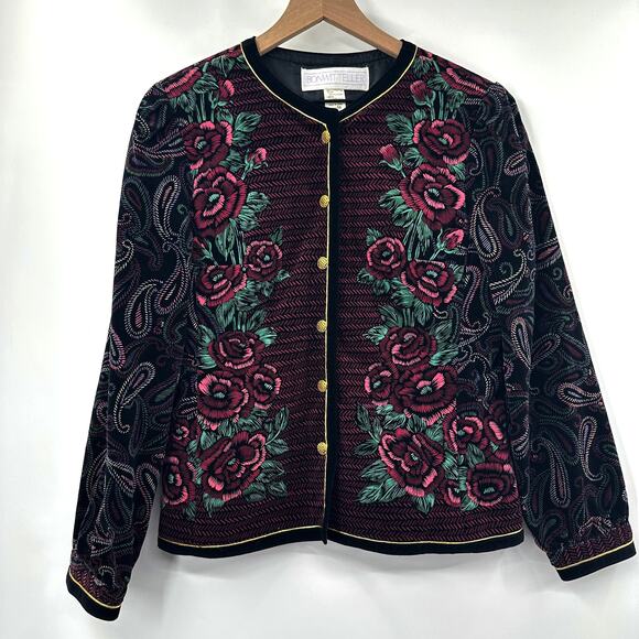 Vintage 80s Bonwit Teller Velvet‎ Floral Jacket Button Front Size M - Picture 1 of 10